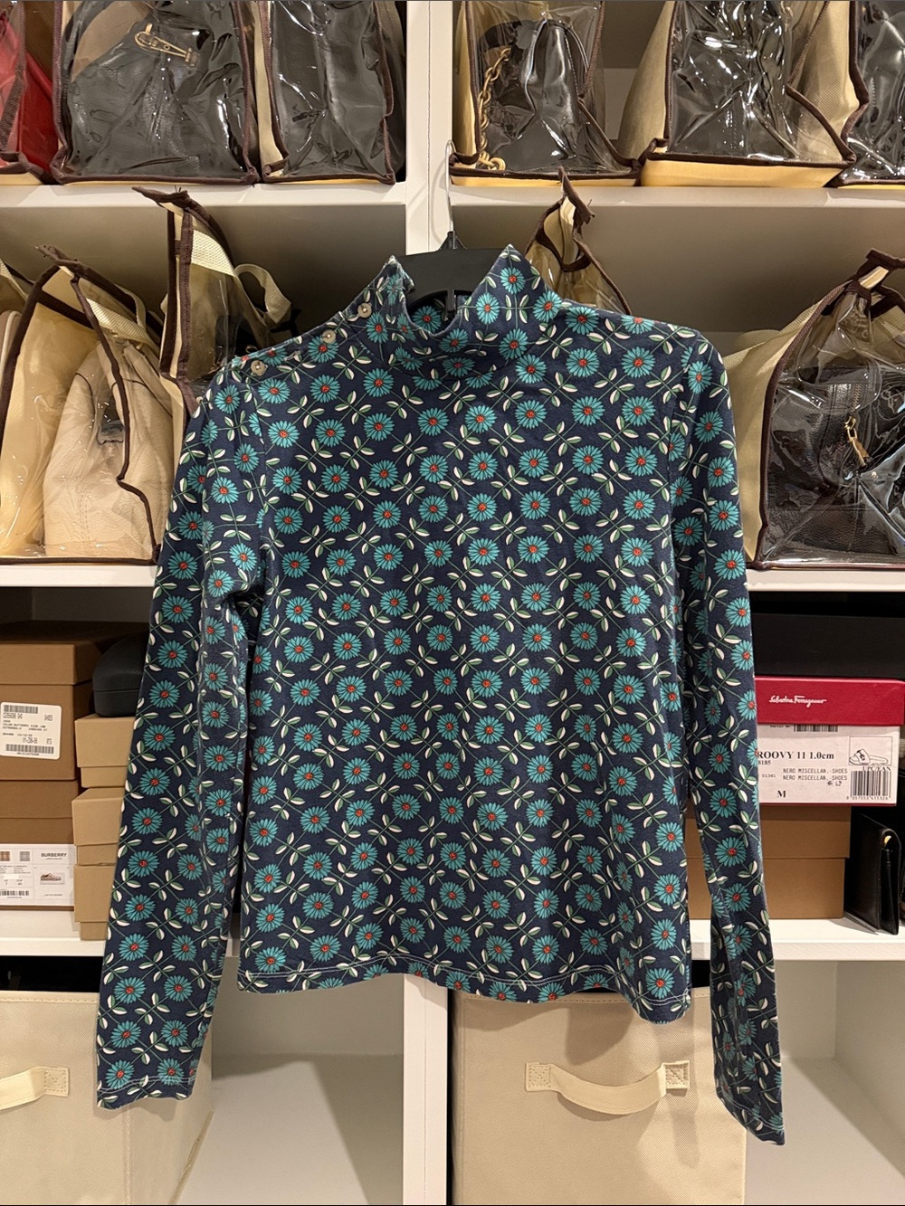 Anthropologie Maeve Navy Floral Print Mockneck Top